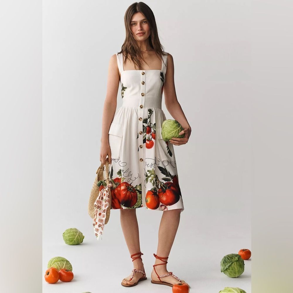 New Anthropologie Maeve Button-Front Tomato Midi Dress Size SP